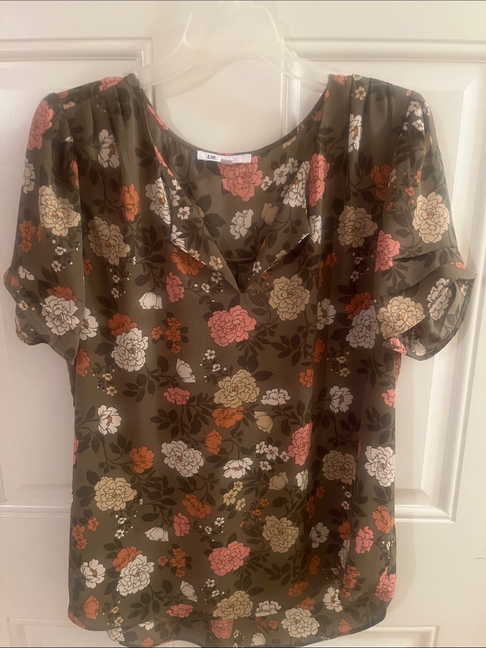 DR2 Olive Floral V-Neck Blouse — Pink, Cream & Orange Blooms